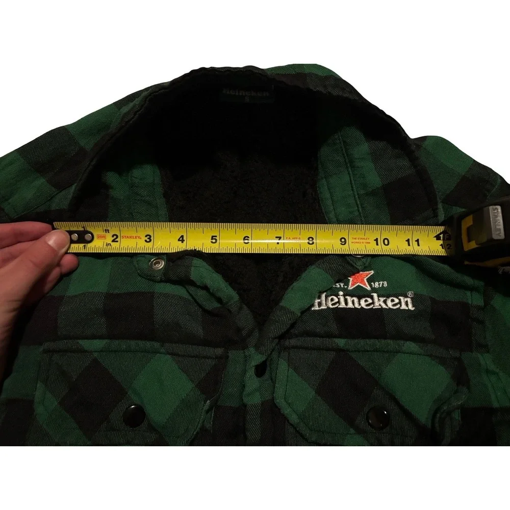 Heineken Mens Green Black Buffalo Plaid Sherpa Lined Snap Shirt Jacket Small